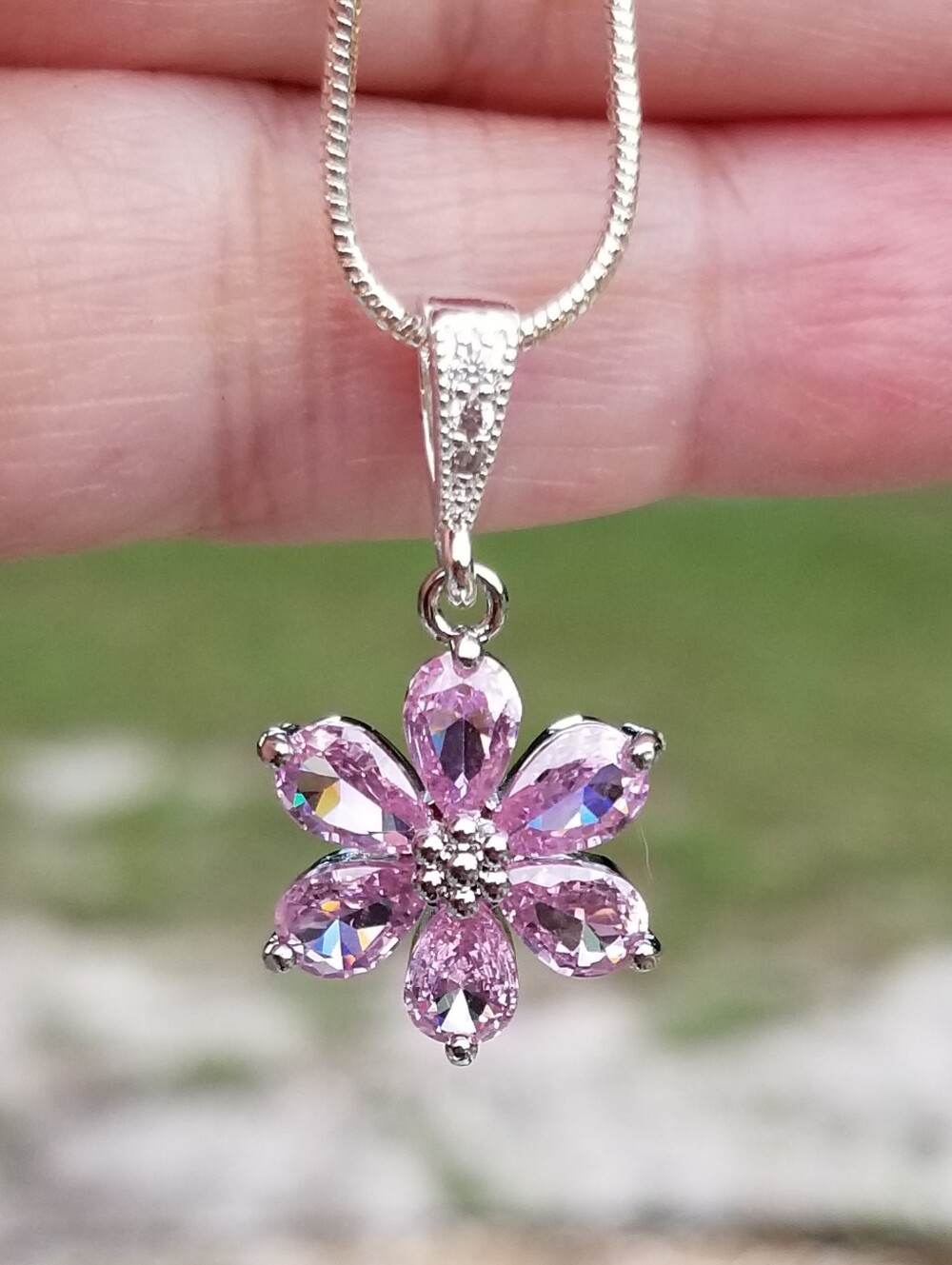 Sterling Silver Pink Tourmaline Flower Pendant Necklace, October Birthstone